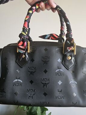 MCM Black Logo-Print Satchel with Multicolor Scarf-Wrapped Handles